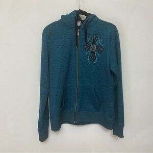 Harley Davidson Teal, Black Cross HD Graphic Zip Up Jacket Size XL Motorcycle